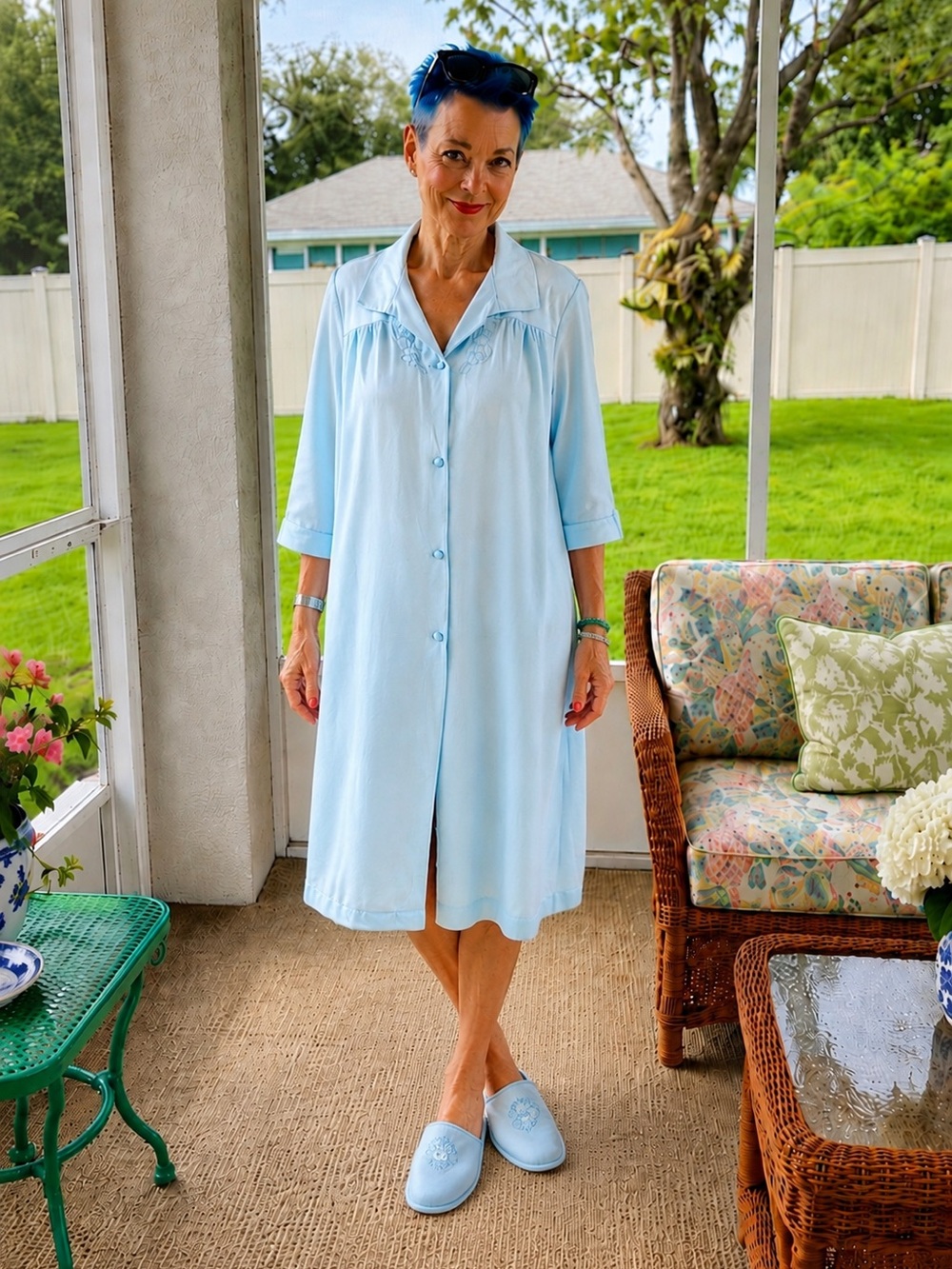 Vintage Vanity Fair Blue Nylon Housecoat Duster Robe Embroidered USA Small